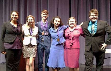 McKendree University Speech Team members Lyndellia Mannie, Grace Alexander, Andrew Wagner, Lea Smith, Kate Maag and Brett Hanna.