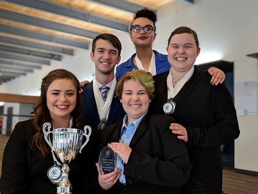 Front row, Isa Scaturro and Taylor Roth; middle row, Andrew Wagner and Kate Maag; back, Aliyah Smith at the National Speech Championships at Oakland University.