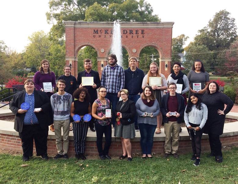 Competing for the award-winning McKendree University speech and debate team are, front row: Mitch Deleel, Andrew Wagner, Adeja Powell, Aliyah Smith, Taylor Roth, Rebecca Postula, Caden Owens, Haylee Christ and Rachael Hooven; back row, Isa Scaturro, Chandler Flesch, Kyle Garrett, Justin Fausz, Scott Anderson, Isabella Strimling, Lyndellia Mannie and Kelsey Fann.