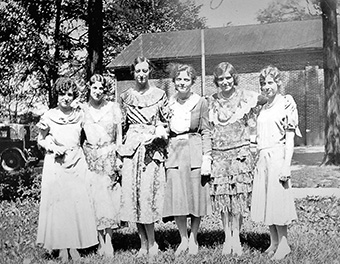 Clionian Adelyn (Martin) Reinhardt ’32, 2nd from right, and friends in front of Eisenmeyer Auditorium, 1930