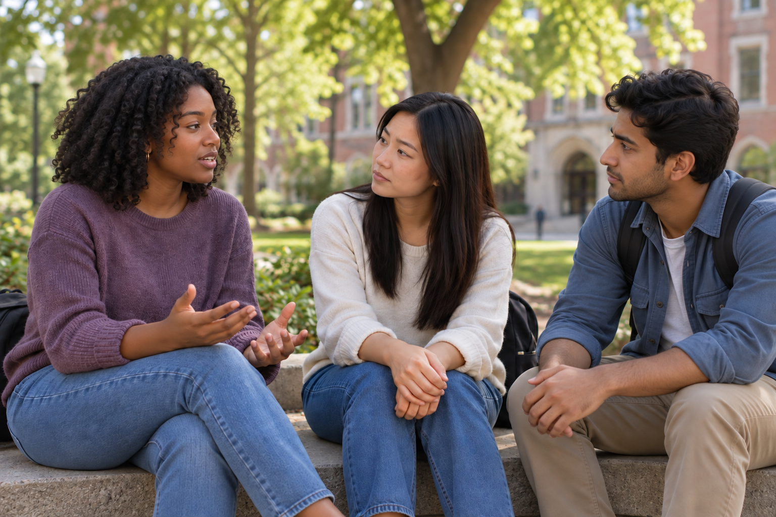 Two students listening attentively as a friend speaks outdoors on campus.