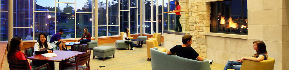 Students in Fireplace Lounge in New Residence Halls